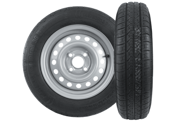 Satz von zwei Rädern für Anhänger UNITRAILER / TEMARED / BRENDERUP / STEMA / BÖCKMANN REIFEN KENDA 145/80 R13 78N STARCO FELGEN 4Jx13"H2 4x100 ET:30