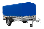Einachsiger Anhänger auf Blattfedern mit Aluminiumseitenwänden 230x125 Unitrailer Garden 230/R KIPP ALU mit H-800 Rahmen und blauer Plane