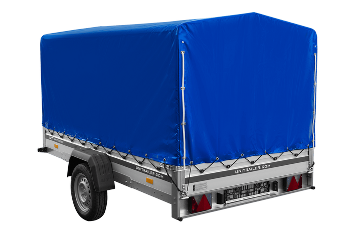 Autoanhänger mit Aluminiumseitenwänden 264x150 Unitrailer Garden 265 KIPP ALU mit H-1100 Rahmen und blauer Plane