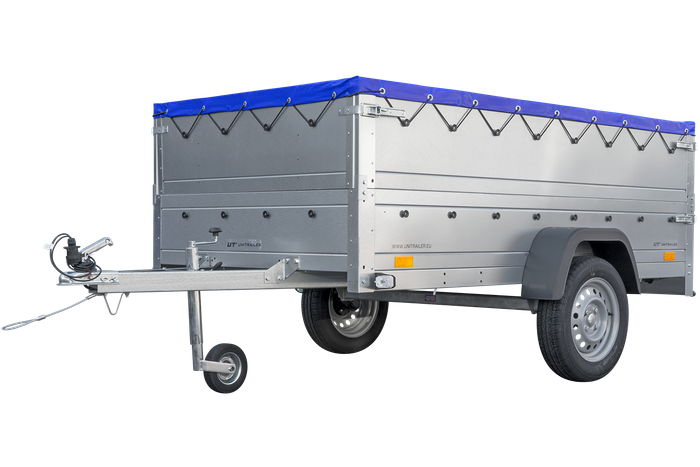 Unitrailer GARDEN TRAILER 230 FD Pkw-Anhänger mit Stützrad, zusätzlichen Bordwänden und blauer Plane