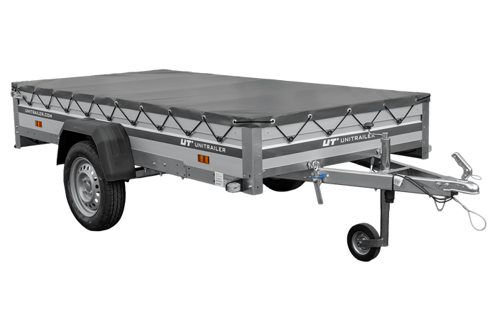 Autotransportanhänger mit Aluminiumseitenwänden 264x125 Unitrailer Garden 264 KIPP ALU mit H-0-Rahmen und grauer Plane
