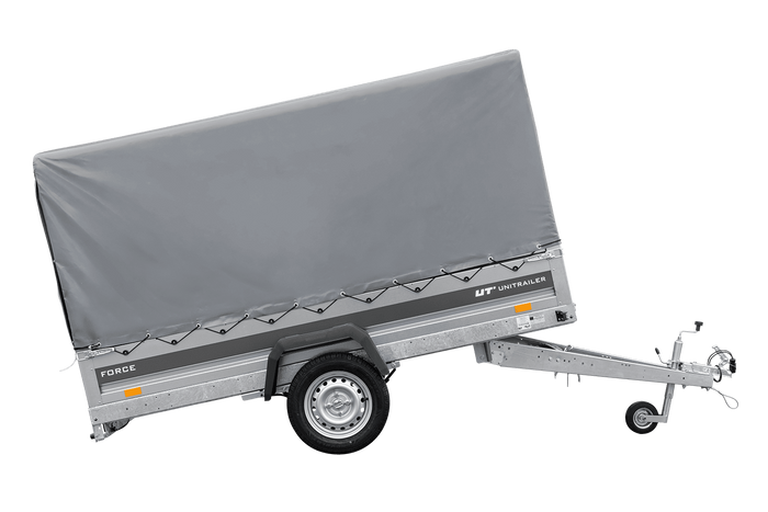 Einachsiger Federanhänger 264x125 UNITRAILER FORCE 264/R KIPP mit H-1100 Rahmen und grauer Plane