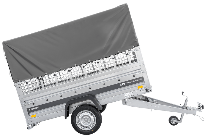 Einachsanhänger 230x125 UNITRAILER FORCE 230 KIPP mit Gitterseitenwänden, H-800 Rahmen und grauer Plane