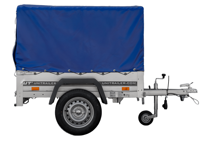 Anhänger 150 KIPP 150x106 cm [mit blauer Hochplane, Hochspriegel und Stützrad]