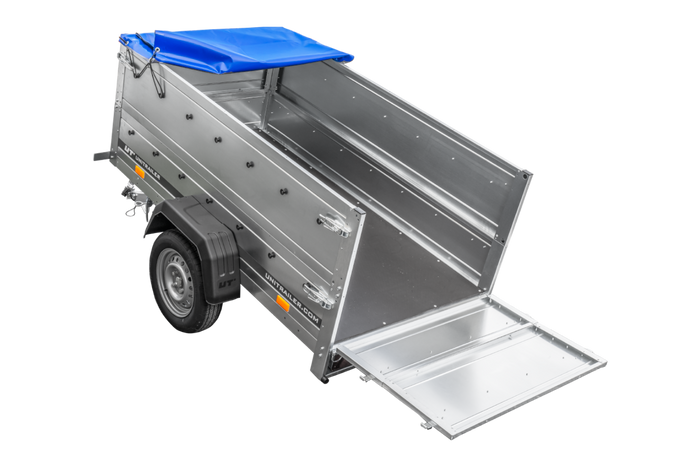 Einachsanhänger 200x106 UNITRAILER GARDEN 200 KIPP mit BIS-Seitenwänden und blauer Plane