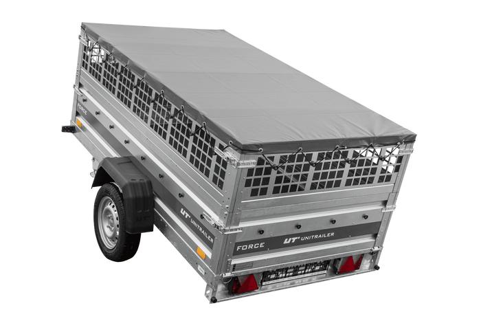 Einachsanhänger 230x125 UNITRAILER FORCE 230 KIPP mit Gitterwänden, H-0-Rahmen und grauer Plane