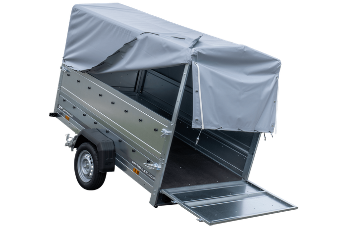 PKW-Anhänger 230x125 UNITRAILER GARDEN 230 KIPP mit Zusatzbordwändenund grauer Hochplane 80 cm