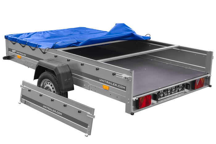 Einachsiger Anhänger auf Blattfedern 264x150 UNITRAILER GARDEN 265/R KIPP mit H-0-Rahmen und blauer Plane