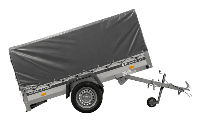 Einachsanhänger mit Aluminiumseitenwänden 230x125 Unitrailer Garden 230 KIPP ALU mit H-800 Rahmen und grauer Plane