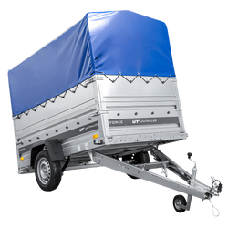 Einachsiger Anhänger auf Blattfedern 230x125 UNITRAILER FORCE 230/R KIPP mit BIS-Seitenwänden, H-800-Rahmen und blauer Plane
