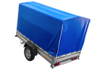 Autotransportanhänger mit Aluminiumwänden 230x125 Unitrailer Garden 230 KIPP ALU mit H1100-Rahmen und blauer Plane