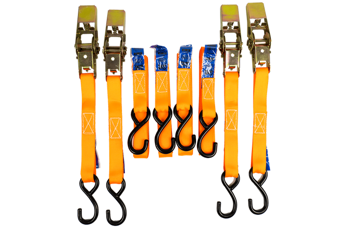 Satz aus vier UNITRAILER 4m/25mm/0,68t orangefarbenen Transportgurten mit Spannvorrichtung