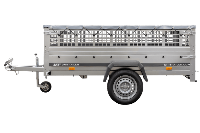 PKW-Anhänger 230x125 UNITRAILER GARDEN 230 KIPP mit Gitterseitenwänden und grauer Plane