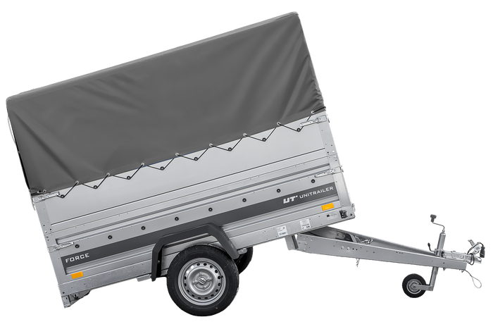 Einachsiger Federanhänger 230x125 UNITRAILER FORCE 230/R KIPP mit BIS-Seitenwänden, H-800-Rahmen und grauer Plane