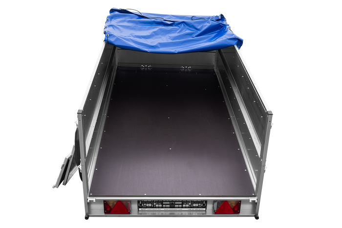 GARDEN TRAILER 264/2 KIPP Zweiachsanhänger mit Stützrad, Planenträgern, zus. Bordwänden und blauer Flachplane