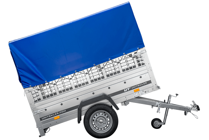 Leichter Anhänger 200x106 UNITRAILER GARDEN 200 KIPP mit Gitterwänden, H-800 Rahmen und blauer Plane