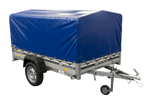 Einachsanhänger mit Aluminiumseitenwänden 230x125 Unitrailer Garden 230 KIPP ALU mit H-800 Rahmen und blauer Plane