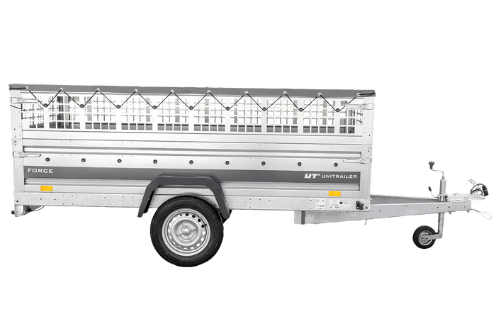Einachsanhänger 264x125 UNITRAILER FORCE 264 KIPP mit Gitterwänden, H-0-Rahmen und grauer Plane
