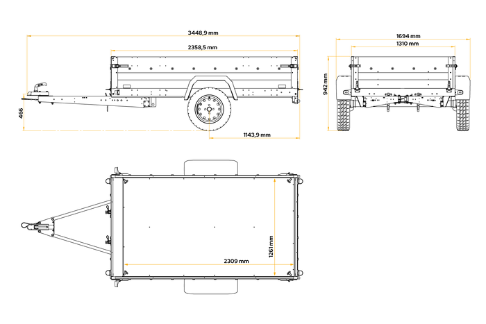 Einachsanhänger 230x125 UNITRAILER FORCE 230 KIPP mit Gitterwänden, H-0-Rahmen und grauer Plane