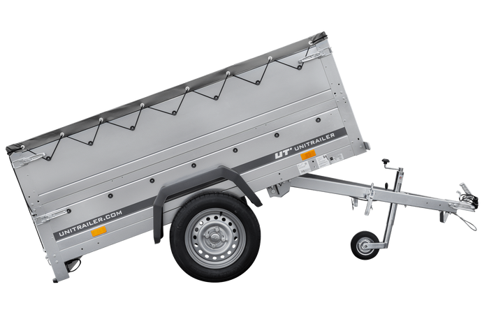 Einachsanhänger 200x106 UNITRAILER GARDEN 200 KIPP mit BIS-Seitenwänden, H-0-Rahmen und grauer Plane