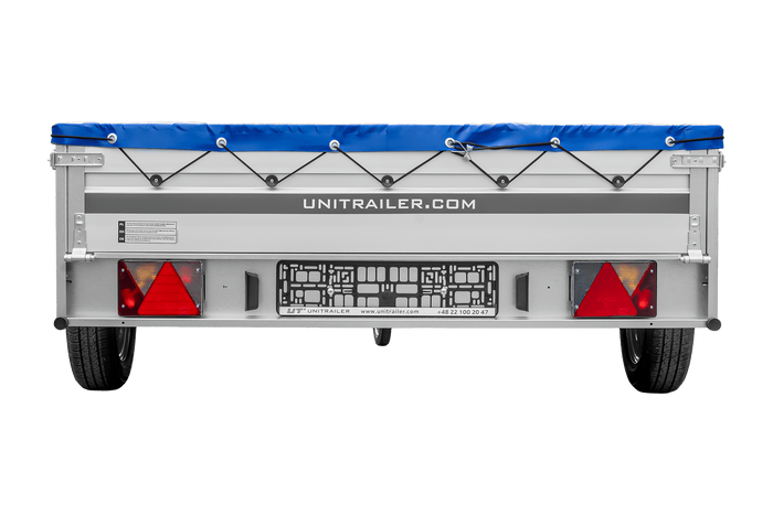 Autotransportanhänger mit Aluminiumseitenwänden 264x150 Unitrailer Garden 265 KIPP ALU mit H-0-Rahmen und blauer Plane