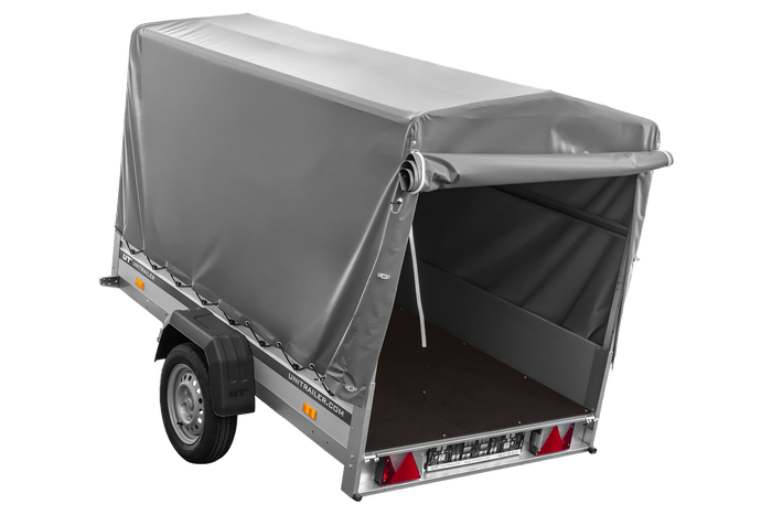 Autotransportanhänger mit Aluminiumwänden 230x125 Unitrailer Garden 230 KIPP ALU mit H1100-Rahmen und grauer Plane