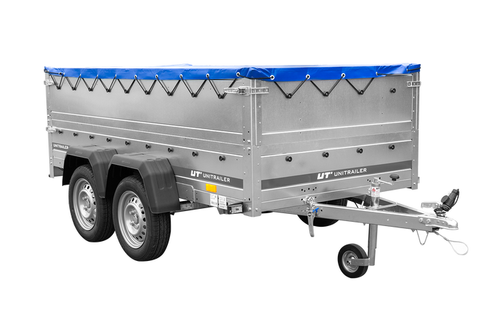 GARDEN TRAILER 264/2 KIPP Zweiachsanhänger mit Stützrad, Planenträgern, zus. Bordwänden und blauer Flachplane