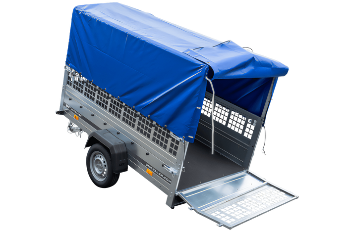 PKW-Anhänger 230x125 UNITRAILER GARDEN 230 KIPP mit Gitterseitenwänden und blauer Hochplane 80 cm