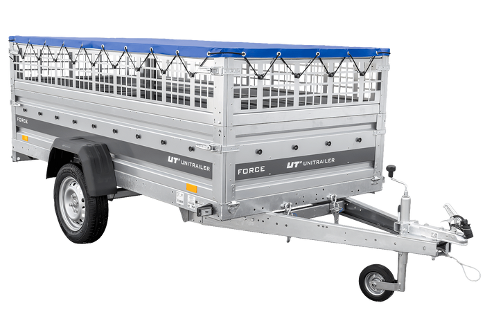 Einachsanhänger 264x125 UNITRAILER FORCE 264 KIPP mit Gitterwänden, H-0-Rahmen und blauer Plane