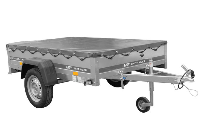 PKW-Anhänger 200x125 UNITRAILER GARDEN 201 KIPP mit grauer Flachplane und Flachplanenträger