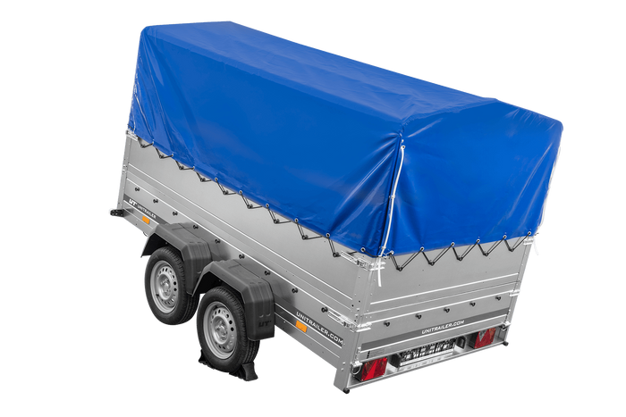 Leichter Anhänger 264x150 UNITRAILER GARDEN 265/2 KIPP mit BIS-Seitenwänden, H-800-Rahmen und blauer Plane