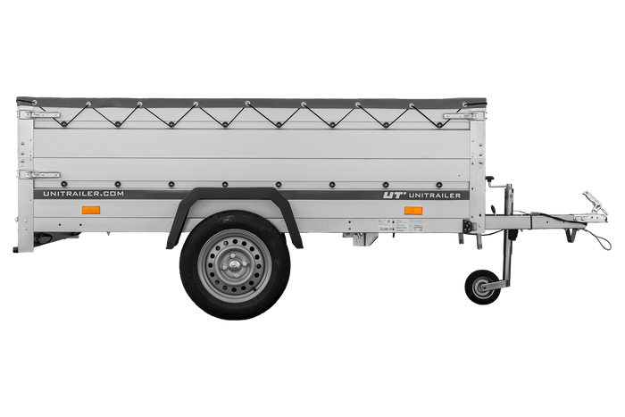 Einachsanhänger mit Aluminiumwänden 230x125 Unitrailer Garden 230 KIPP ALU mit BIS-Seitenwänden, H-0-Rahmen und grauer Plane