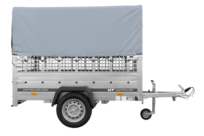 Einachsanhänger auf Federn 200x125 UNITRAILER GARDEN 201/R KIPP mit Gitterwänden, H-800-Rahmen und grauer Plane