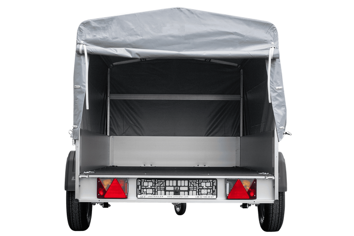 Autotransportanhänger auf Federn mit Aluminiumseitenwänden 200x125 Unitrailer Garden 201/R KIPP ALU mit H-800 Rahmen und grauer Plane
