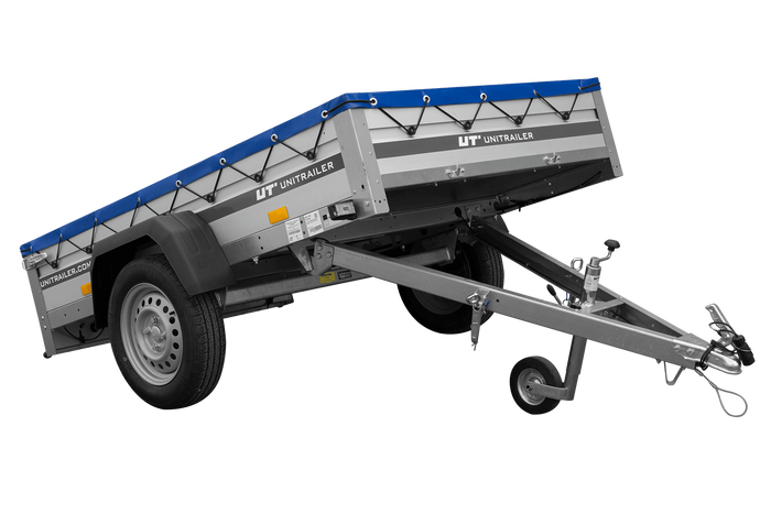 Einachsanhänger mit Aluminiumseitenwänden 200x125 Unitrailer Garden 201 KIPP ALU mit H-0-Rahmen und blauer Plane