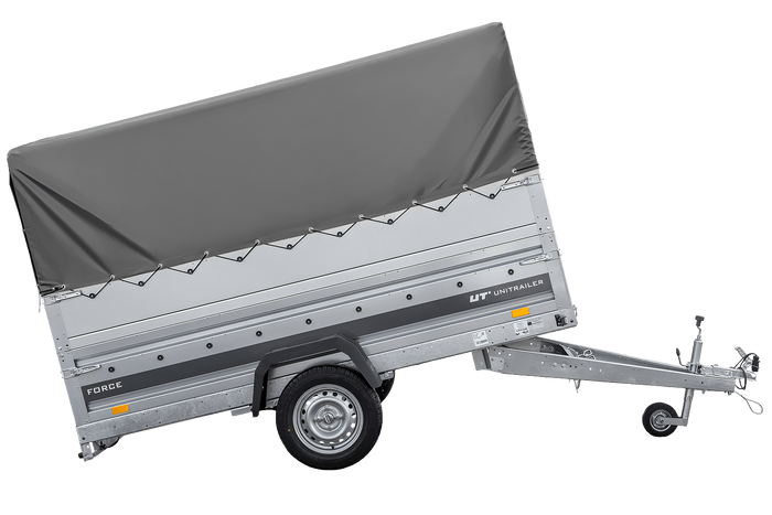 Leichter Anhänger auf Blattfedern 264x125 UNITRAILER FORCE 264/R KIPP mit BIS-Seitenwänden, H-800-Rahmen und grauer Plane