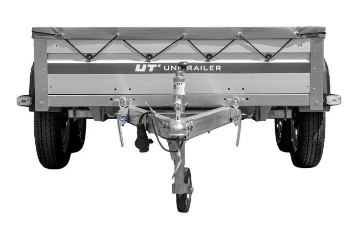 Zweiachsiger Anhänger mit Aluminiumseitenwänden 264x125 Unitrailer Garden 264/2 KIPP ALU mit H-0-Rahmen und grauer Plane
