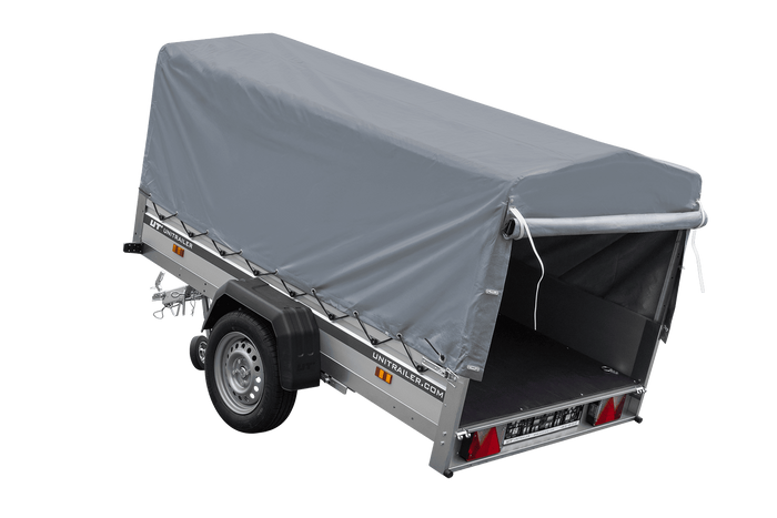 Einachsiger Anhänger auf Blattfedern mit Aluminiumseitenwänden 230x125 Unitrailer Garden 230/R KIPP ALU mit H-800 Rahmen und grauer Plane