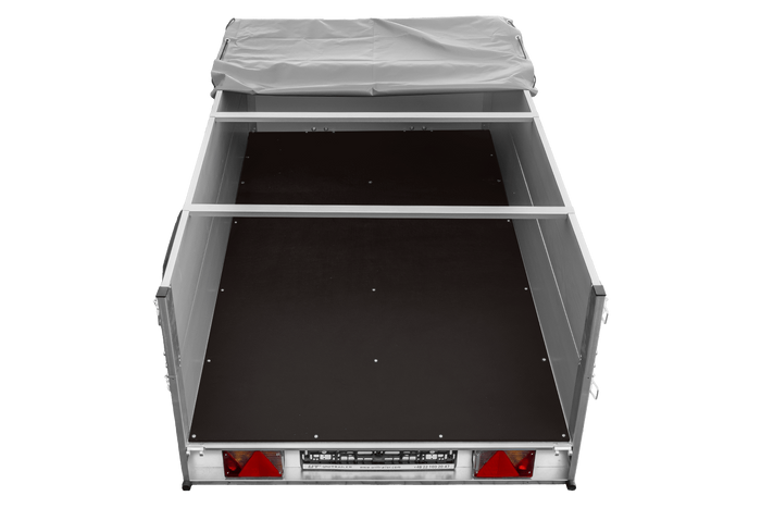 Einachsanhänger mit Aluminiumwänden 230x125 Unitrailer Garden 230 KIPP ALU mit BIS-Seitenwänden, H-0-Rahmen und grauer Plane