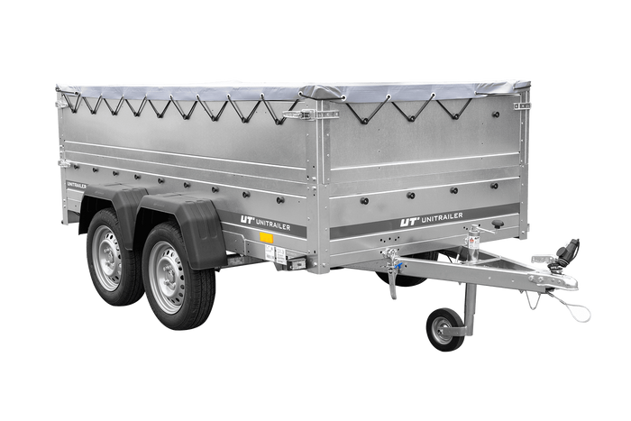 GARTENANHÄNGER 264/2 KIPP Zweiachs-Anhänger mit Stützrad, H-0-Rahmen, zusätzlichen Bordwänden und grauer Plane