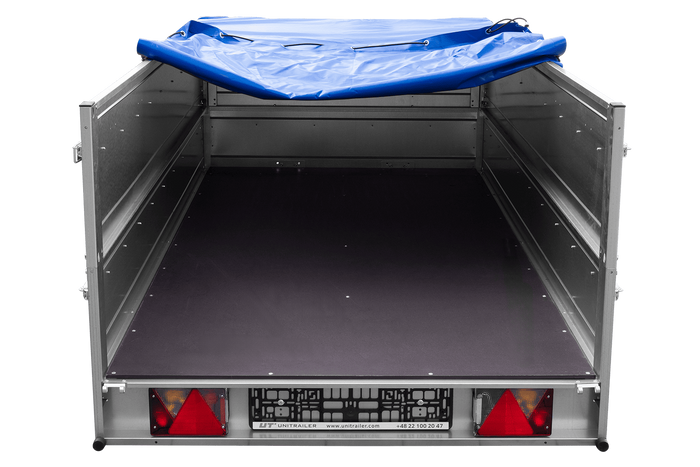 Großer Anhänger 750 kg GARDEN TRAILER 264 KIPP mit Bordwandaufsatz [zusätzliche 40 cm], Stützrad und blauer Flachplane
