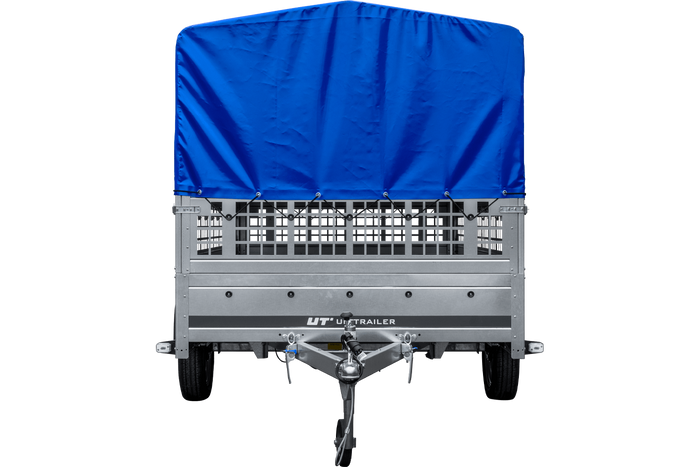 Autotransportanhänger auf Blattfedern 264x150 UNITRAILER GARDEN 265/R KIPP mit Gitterwänden, H-800 Rahmen und blauer Plane
