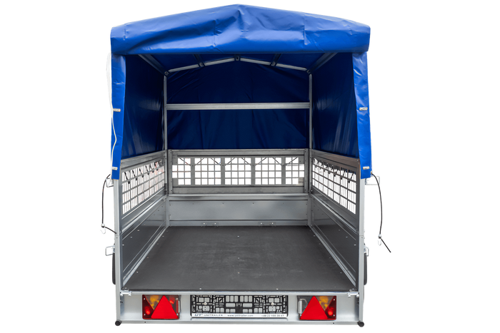 PKW-Anhänger 230x125 UNITRAILER GARDEN 230 KIPP mit Gitterseitenwänden und blauer Hochplane 80 cm