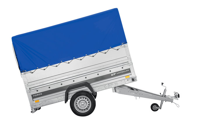 Autotransportanhänger 230x125 UNITRAILER FORCE 230 KIPP mit BIS-Seitenwänden, H-800-Rahmen und blauer Plane