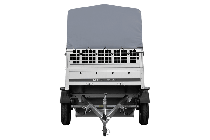 PKW-Anhänger 200x125 UNITRAILER GARDEN 201 KIPP mit Gitteraufsatz und grauer Hochplane