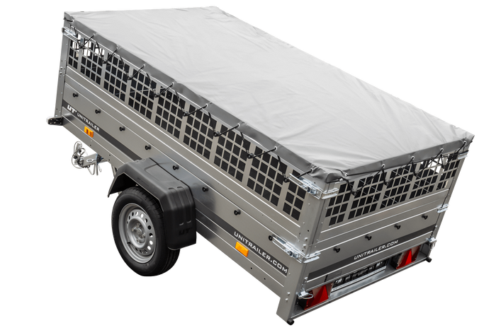 PKW-Ahänger 230x125 UNITRAILER GARDEN 230 KIPP mit Gitteraufsatz und grauer Plane