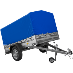 Einachsanhänger mit Aluminiumseitenwänden 200x125 Unitrailer Garden 201 KIPP ALU mit H-800 Rahmen und blauer Plane
