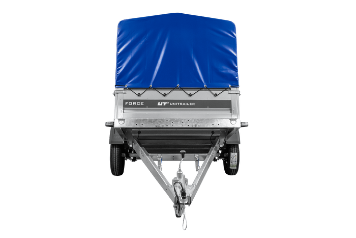 Anhänger mit Blattfedern 230x125 UNITRAILER FORCE 230/R KIPP mit H-800 Spriegel und blauer Hochplane