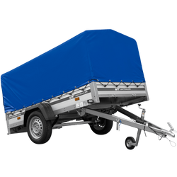 Einachsiger Anhänger auf Blattfedern mit Aluminiumseitenwänden 230x125 Unitrailer Garden 230/R KIPP ALU mit H-800 Rahmen und blauer Plane