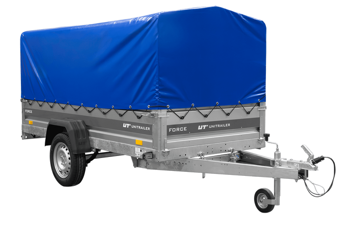 Einachsiger Anhänger mit Blattfedern 264x125 UNITRAILER FORCE 264/R KIPP mit H-800 Spriegel und blauer Plane